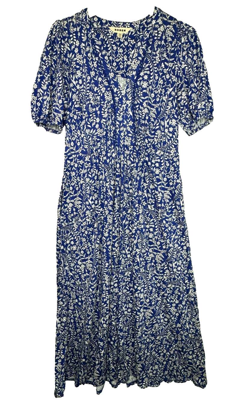 Boden Dress Womens 6 Blue White Floral Puff Sleeve Jersey Knit Maxi Pockets